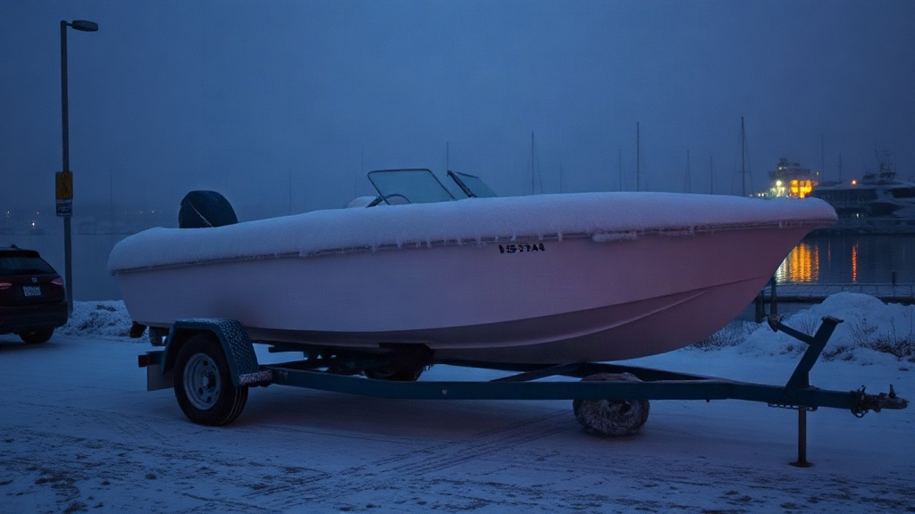 Boat covered for winter storage near the harbor
