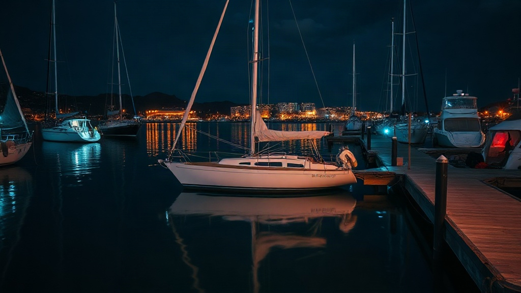 Boat at a marina slip at dusk